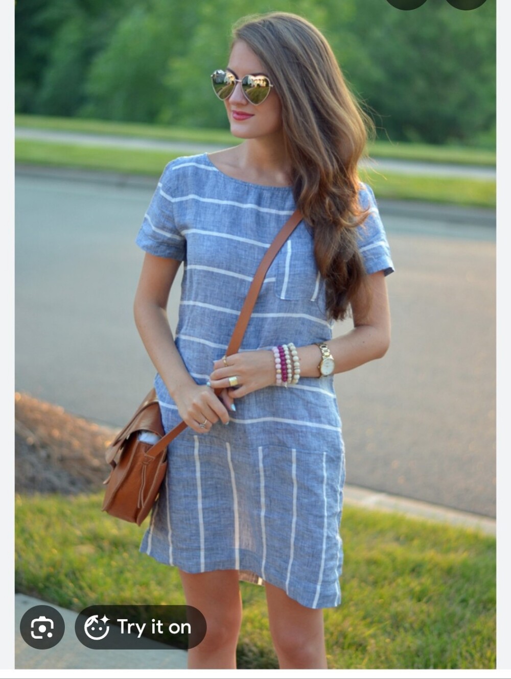 Lou & Grey 100% Linen Chambray Striped Blue & White Dress Size Small
